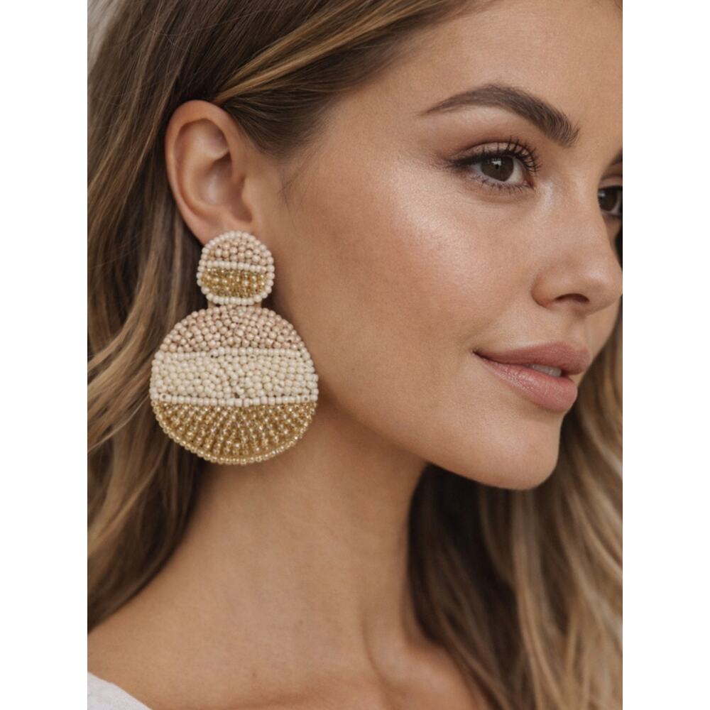 Kay Lee Ivory Beaded Circle Earrings New